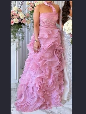 Strapless Pink Ruffled Organza Gown